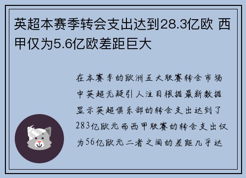 英超本赛季转会支出达到28.3亿欧 西甲仅为5.6亿欧差距巨大